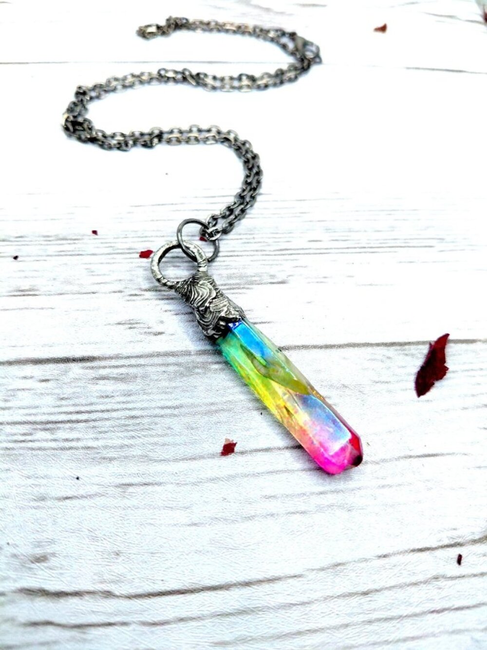 Rainbow aura quartz crystal necklace
